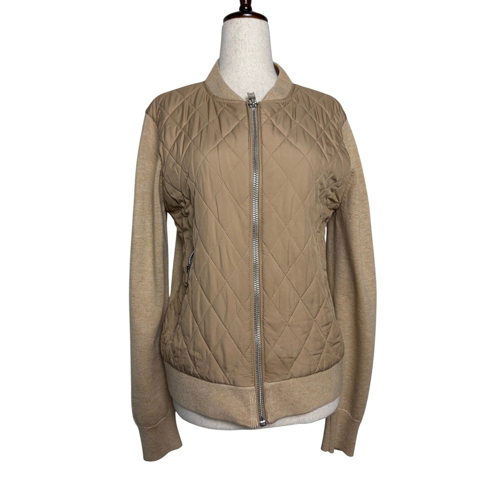 Reiss Womens Quilted Hybrid Bomber‎ Jacket Tan Beige Knit Sleeve Full Zip 8